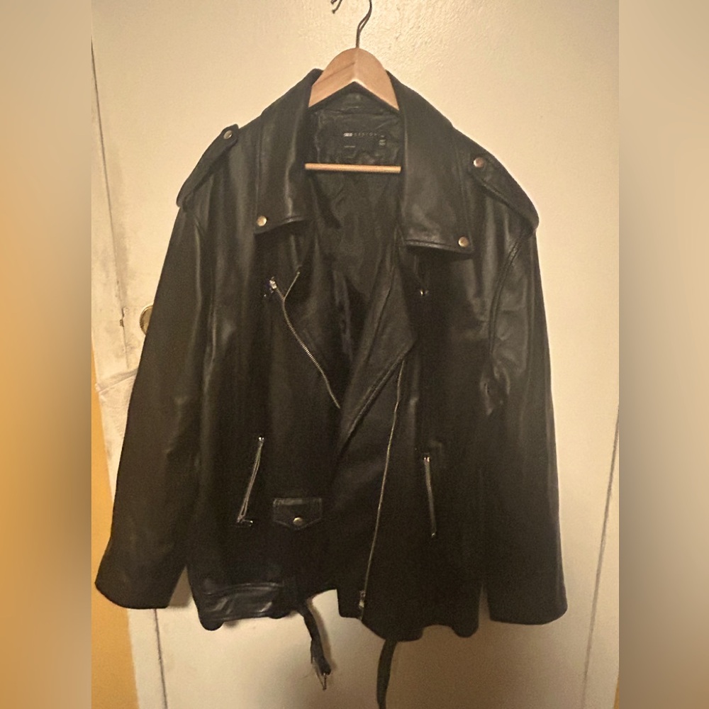 Asos Design oversized Leather moto long jacket with functional belt